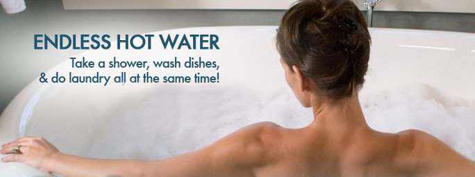 Endless hot water- take a shower, wash dishes & do laundry all at the same time- Eccotemp indoor tankless water heater.